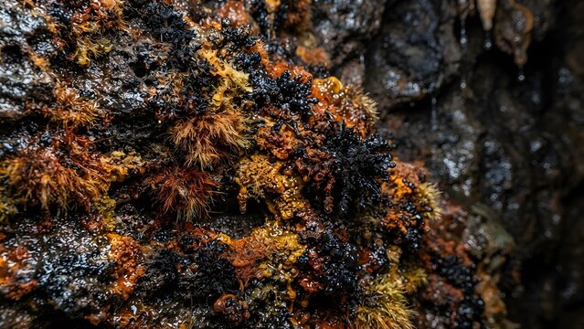 Close-up view of colorful mineral deposits and moss growing on a cave wall, showcasing earthy textures and natural formations.