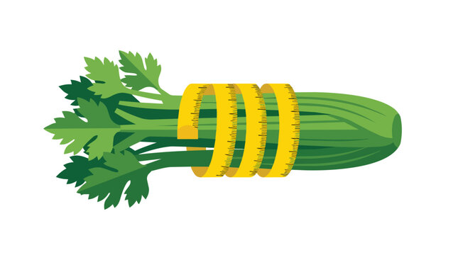 Weight loss celery stalk with yellow measuring tape for diet and nutrition branding in a modern flat vector illustration