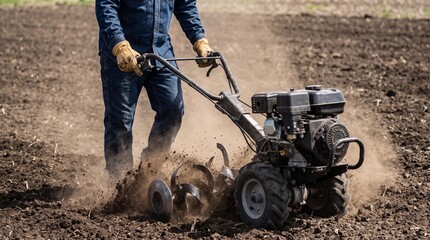 soil tillage and farm field preparation. gardener operating rotary tiller machine on dry earth. dust rising from freshly cultivated ground before planting season.   © dom studio