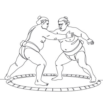 Two sumo wrestlers competing in a circular ring  