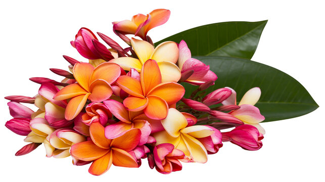 Isolated tropical Plumeria flowers in vibrant pink, orange, and yellow bouquet with green leaves.
