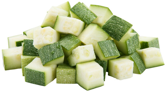 Isolated pile of fresh chopped green zucchini pieces, healthy raw vegetable for cooking