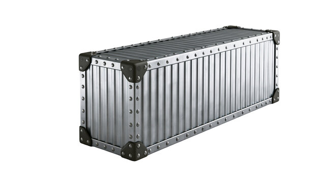 Isolated three dimensional rendering of a rugged industrial metal shipping container with reinforced corners