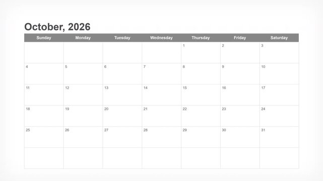 Minimalist monthly calendar grid with clean typography for October 2026, concept for finance timeline tracking, strategic corporate scheduling, project management layout, event organization and