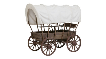 Isolated antique wooden covered wagon with large spoked wheels and white canvas top. © Lucas