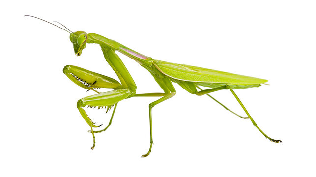 Isolated detailed vibrant green praying mantis insect in typical predatory pose