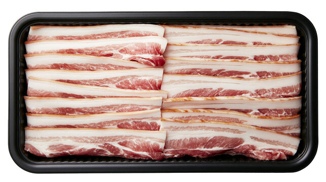 Isolated raw fresh streaky bacon slices neatly arranged in a black plastic tray, ideal for cooking
