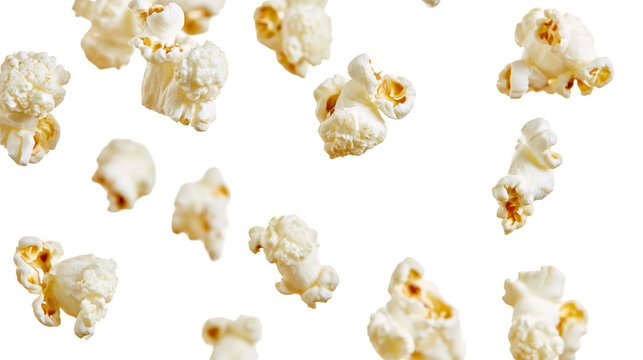 Isolated fluffy yellow popped popcorn pieces scattered in mid-air, a classic cinema snack.