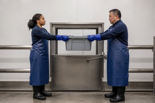 Reusable Packaging Wash Facility - operators handing off totes across clean zone