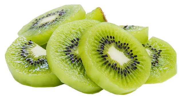 Isolated fresh green kiwi fruit slices arranged, showing vibrant color and juicy texture