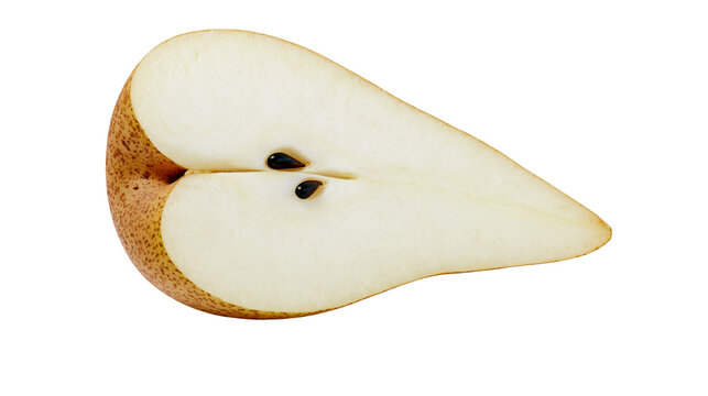 Isolated fresh half a ripe pear cut lengthwise with visible seeds, healthy and delicious fruit