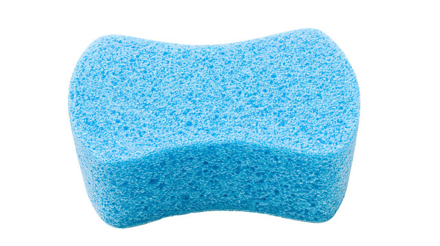 Isolated blue foam sponge with an ergonomic hourglass shape, ideal for cleaning and washing tasks