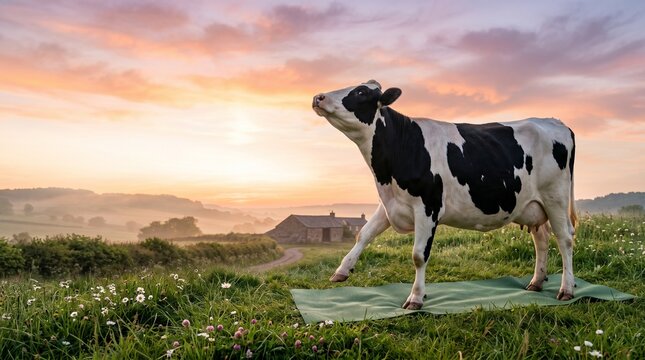 Funny Cow Doing Yoga on a Mat in a Beautiful Countryside Landscape at Sunrise