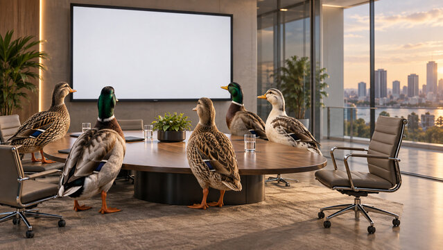 Funny business meeting with ducks sitting around a conference table in a modern office