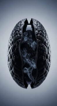 A thick, black vaporous cocoon features dramatic curling seams as it splits apart, revealing a dark, viscous texture with swirling smoke, motion, dark, thick