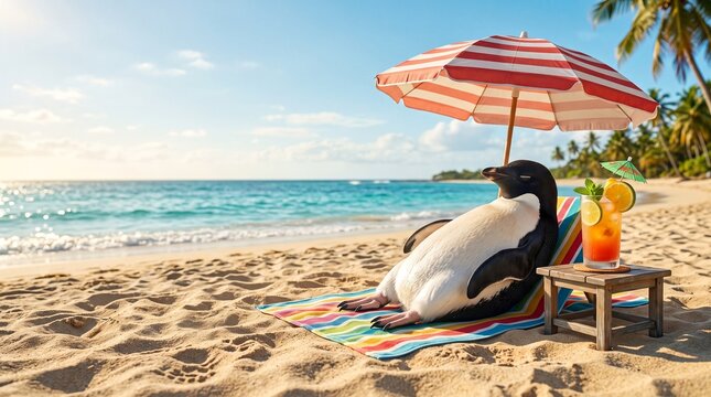 Funny penguin relaxing on a tropical beach with a refreshing cocktail