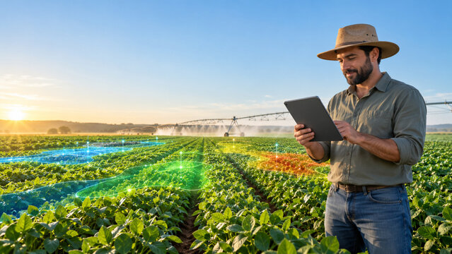 Smart Farming Technology with Farmer Using Digital Tablet in Soybean Field