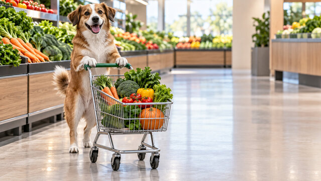 Happy dog pushing a shopping cart full of fresh vegetables in a supermarket