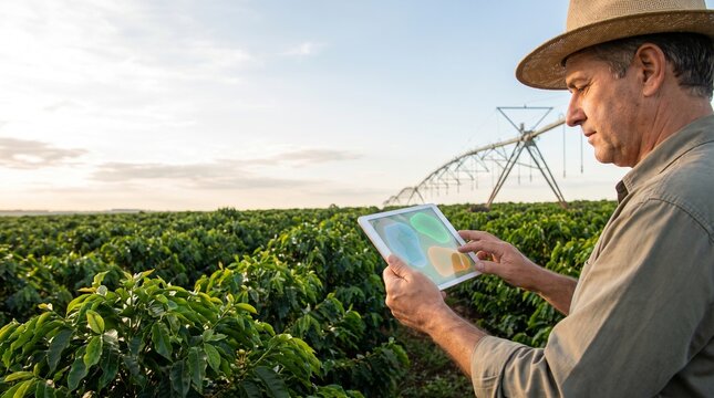 Farmer using digital tablet for smart agriculture monitoring in coffee plantation