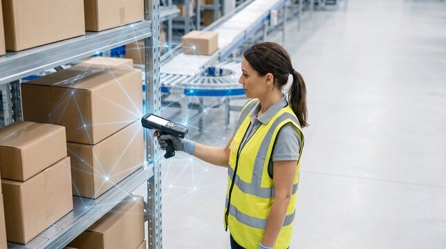 Warehouse worker using a barcode scanner with digital data network overlay