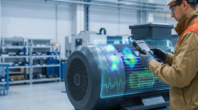 Industrial Engineer Using Augmented Reality Tablet for Predictive Maintenance of Electric Motor