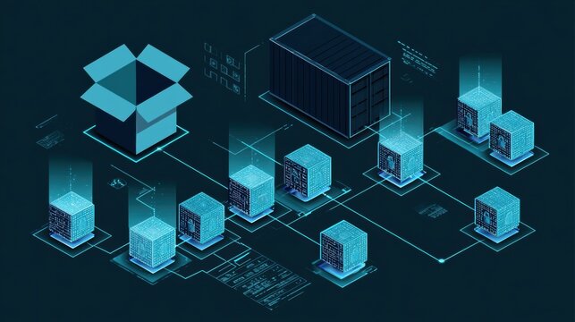 Diagram illustrates how products move through a blockchain supply chain with secured blocks and clear pathways representing traceability.