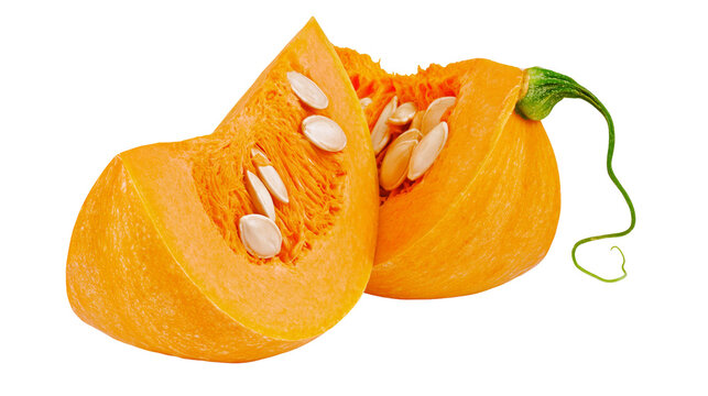 Isolated two orange pumpkin halves with seeds and a green stem, fresh raw vegetable