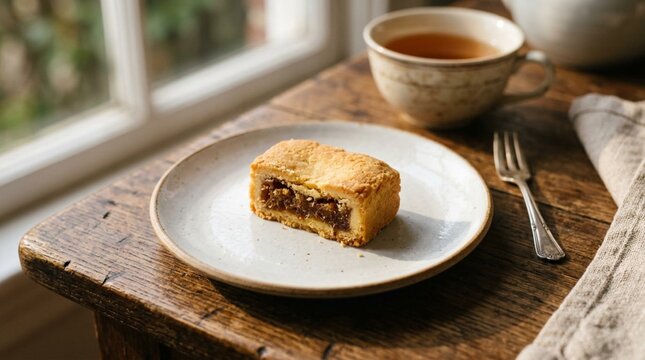 Golden brown Taiwanese pineapple cake pastry on white ceramic plate with tea cup, soft afternoon sunlight, rustic wooden table, fork and linen napkin beside window