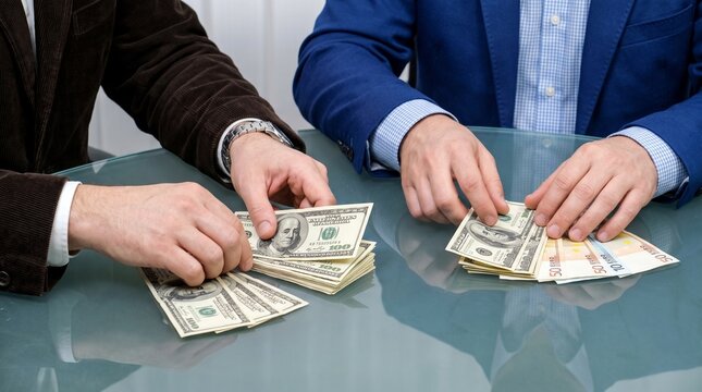 currency exchange and foreign money transaction. cash settlement and global financial trade. businessmen counting dollar banknotes and euro bills. glass office desk setting.


