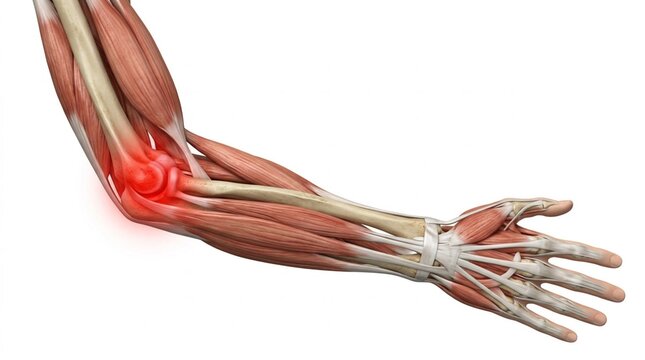Photorealistic medical illustration of a human forearm anatomy showing layered muscles, tendons, bones, and painful elbow inflammation on white background
