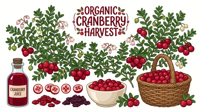Very beautiful realistic vector illustration of an ORGANIC CRANBERRY HARVEST COLLECTION featuring cranberry plants, small leaves, delicate flowers, pale berries, ripe red cranberries, berry clusters, 