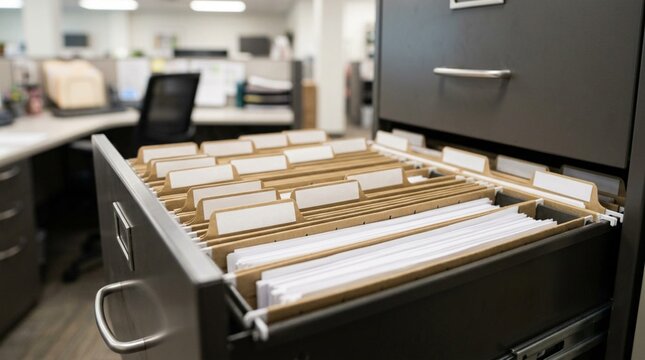 Open filing cabinet drawer in modern office organized with labeled manila folders and crisp white documents on workspace desk