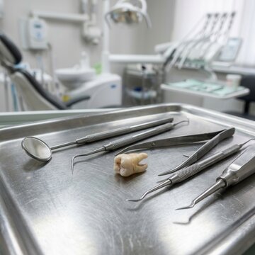 Dental Tools And Extracted Tooth On A Tray In A Clinic