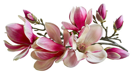 Fototapeta premium Isolated vibrant pink and white magnolia flowers and elegant buds on a graceful branch.