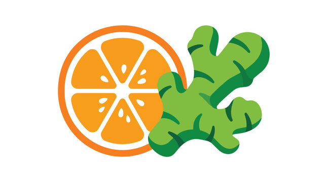 Orange citrus slice and fresh green ginger root for natural immunity boost flat vector illustration for wellness and nutrition branding
