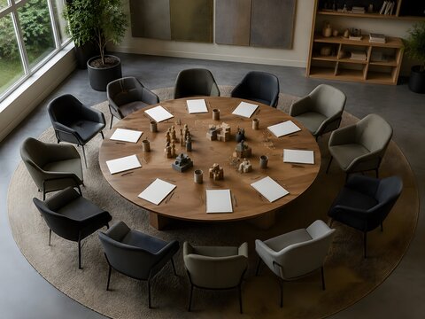 Sociology Seminar Room with Empty Chairs Circular Table Notebooks and Models Encourages Collaborative Academic Discussion