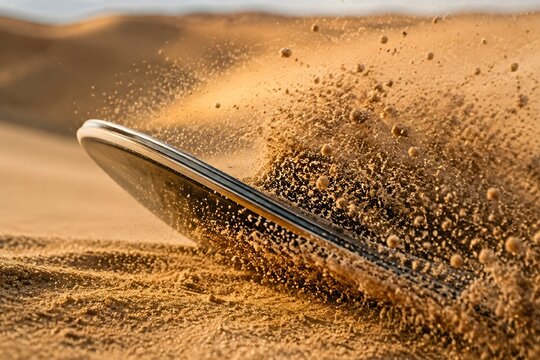 Sandboard Edge Cutting Through Loose Desert Sand with Thousands of Grains Frozen Against Blurred Dunes