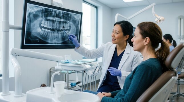 Dental Professional Explains X-ray to Patient in Modern Clinic Setting