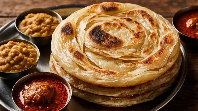 Fluffy roti canai stacks served with dhal and rich curry on metal plate. Savoury asian flatbread with crispy layers perfect for meal. Warm texture food.