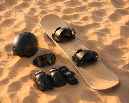 Sandboarding Gear on Rippled Desert Sand with Board, Goggles, Helmet, and Protective Adventure Equipment Display