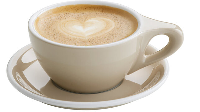 Isolated coffee cup with heart latte art on a saucer, delicious hot beverage for breakfast