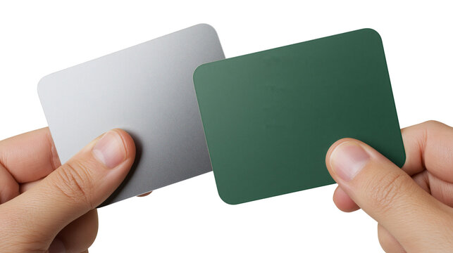 Isolated hands holding two blank rounded rectangular cards, a grey one and a dark green one