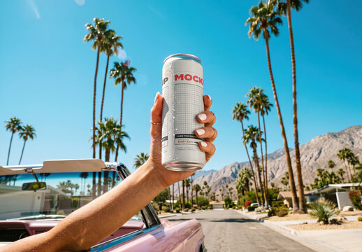 Hand Holding Beverage Can Miami Beach Style Mockup