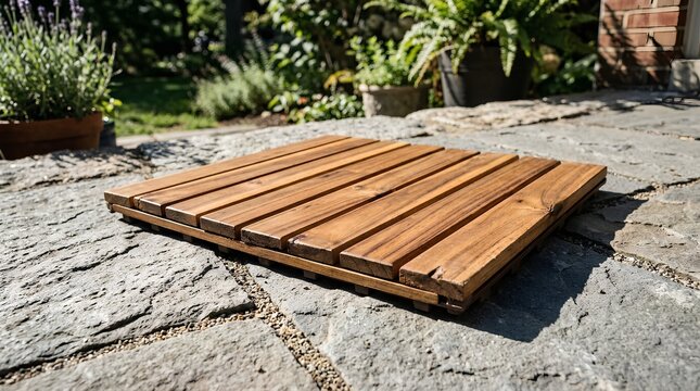 Close-up of a wooden deck tile sample resting on a modern natural stone patio with sunlight casting warm shadows, showcasing rich timber grain and textured slate paving