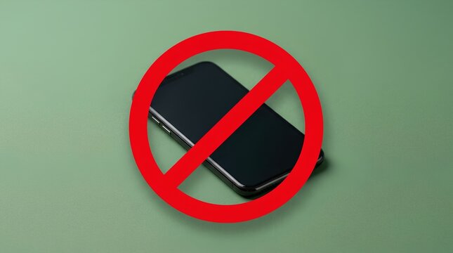 Black smartphone displayed under large red prohibition circle on minimal green background, symbolizing no phones allowed policy, digital detox concept, ban mobile devices, screen free lifestyle