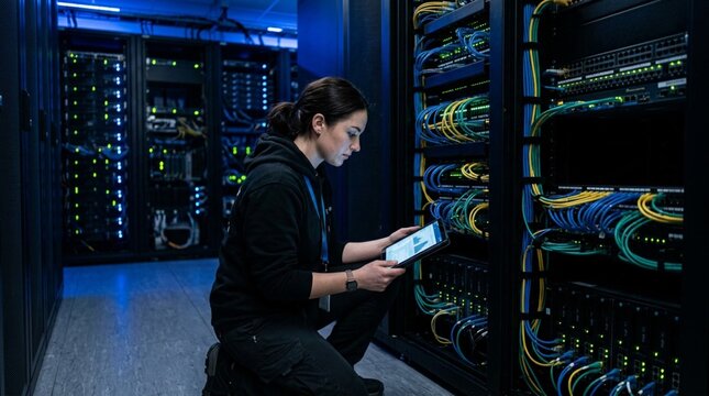 Focused female IT engineer crouching inside illuminated blue data center, inspecting tall black server rack with colorful network cables while reviewing diagnostic information on tablet device