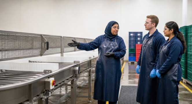 Reusable Packaging Wash Facility - three person safety briefing at crate line