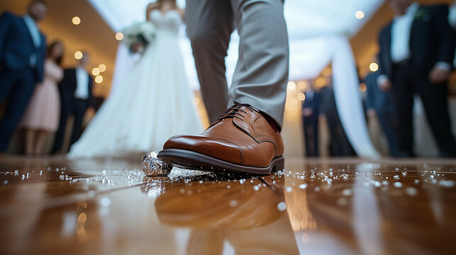 Dynamic low-angle action shot of a groom crushing the foil-wrapped glass during a traditional Jewish wedding ceremony under the chuppah