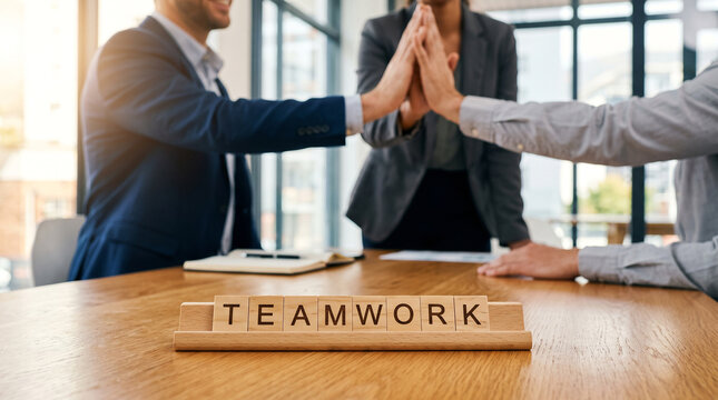 Business team high five with teamwork word tiles on office meeting table