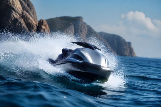 Jet Ski Carving across Open Ocean with Dramatic Spray, Coastal Cliffs, Speed, Power, and Adventure